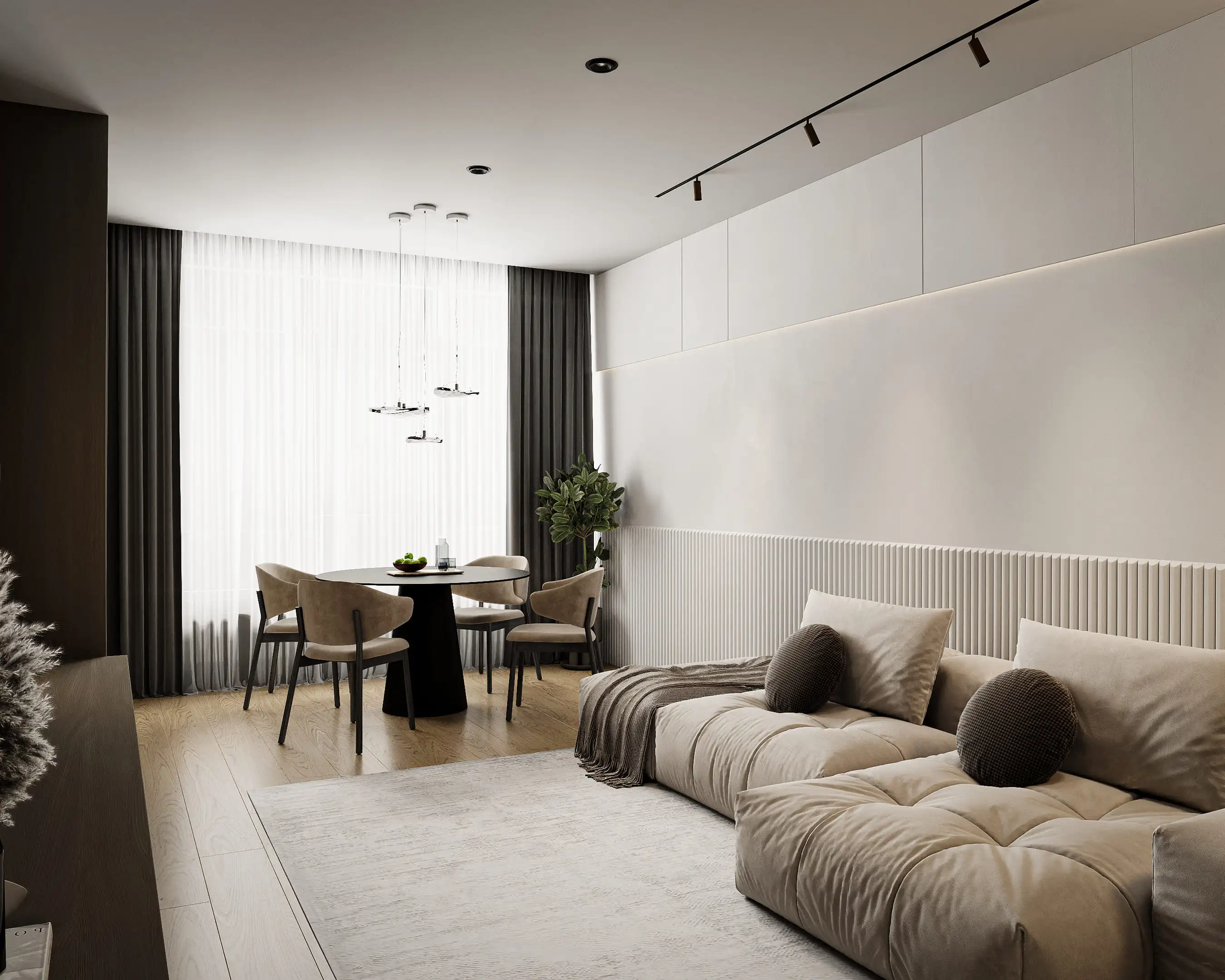 A minimalist modern home interior with integrated warm lighting, featuring modular beige sofas, a round dining table, sleek wood cabinetry, and fluted wall panels.