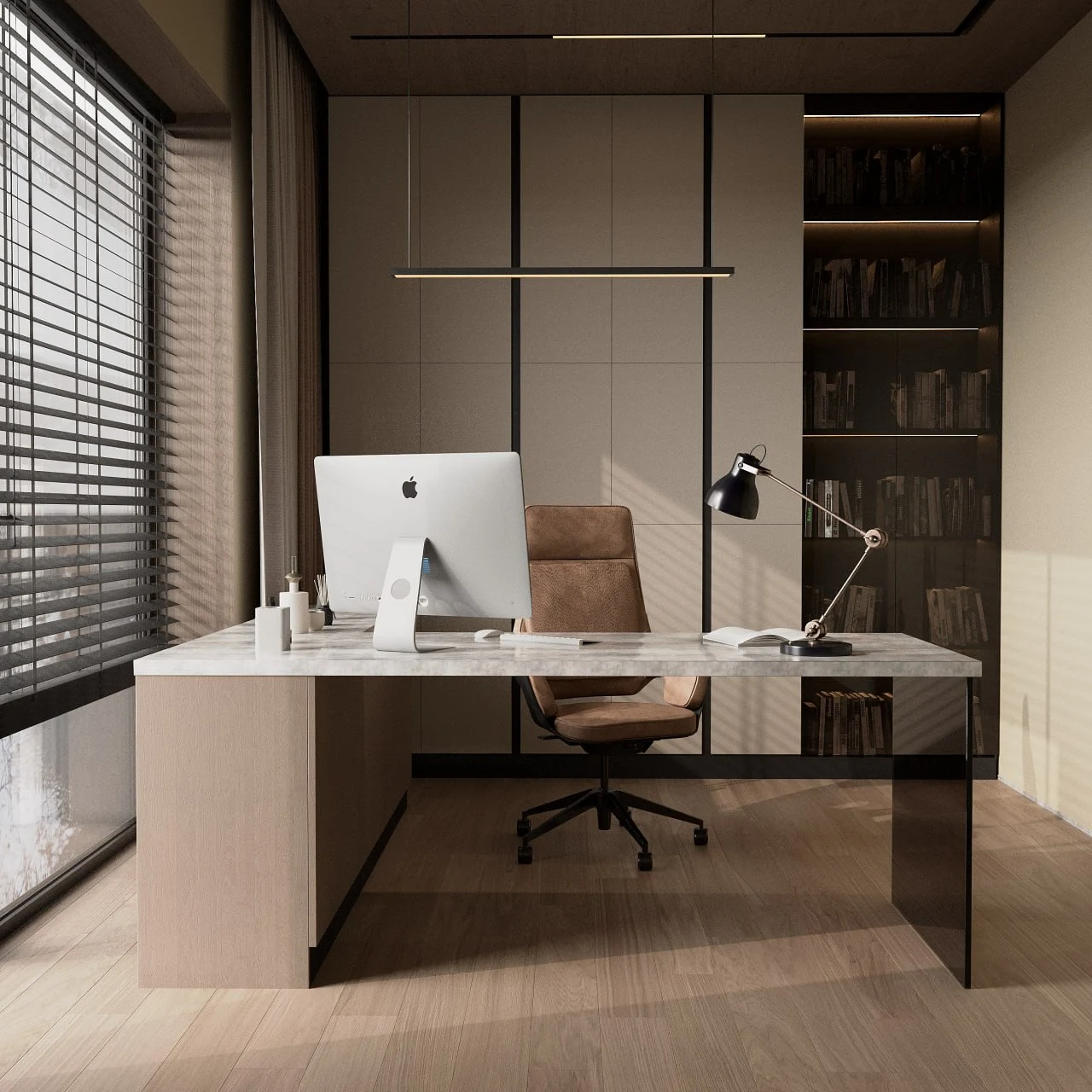 Photorealistic 3D interior visualization of a luxury minimalist home office, showcasing window blinds shadow patterns, premium stone desk, and sleek modern cabinetry
