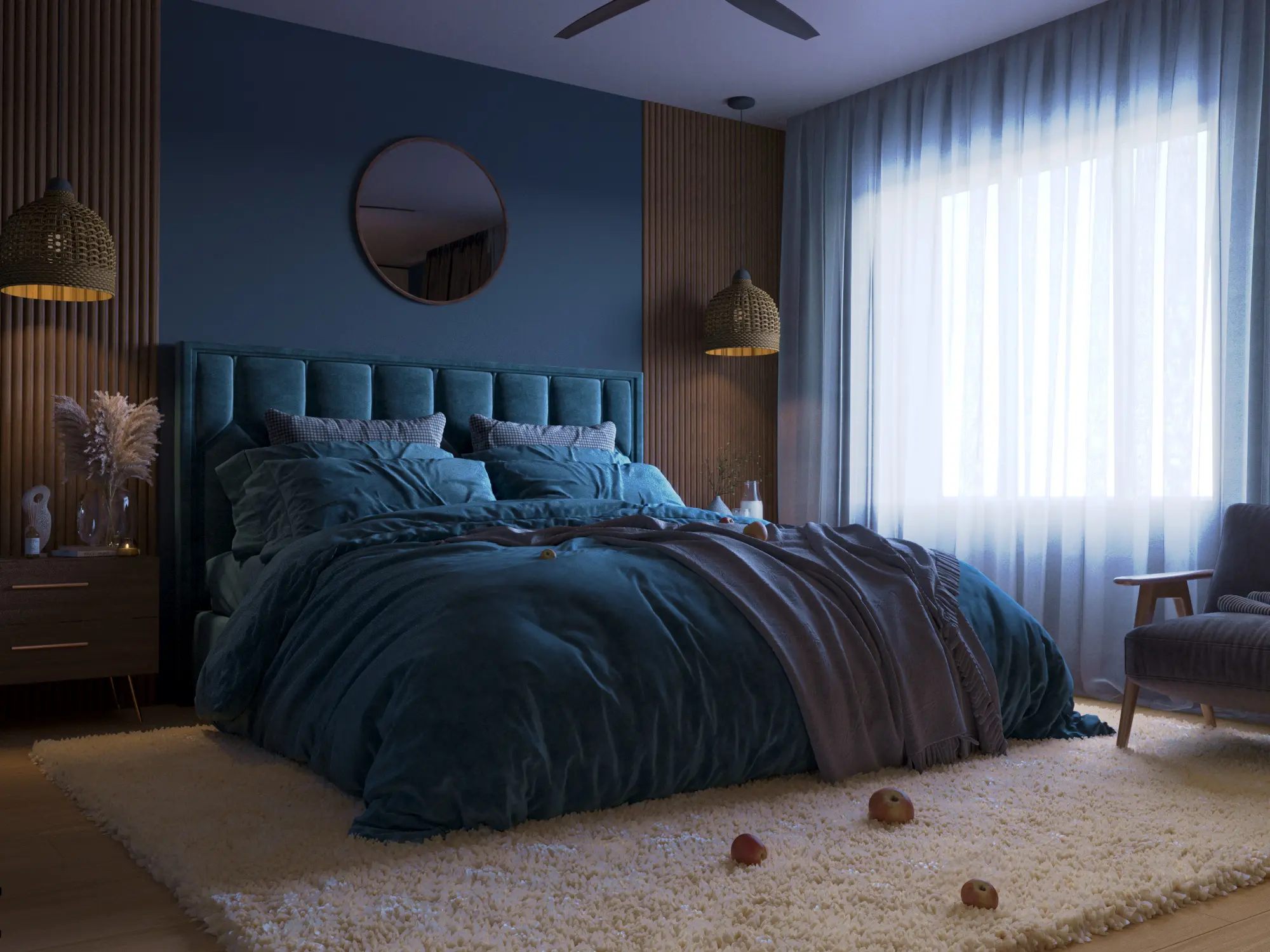 Modern bedroom 3D visualization featuring deep teal headboard, wooden wall panels, plush carpet, and soft window lighting