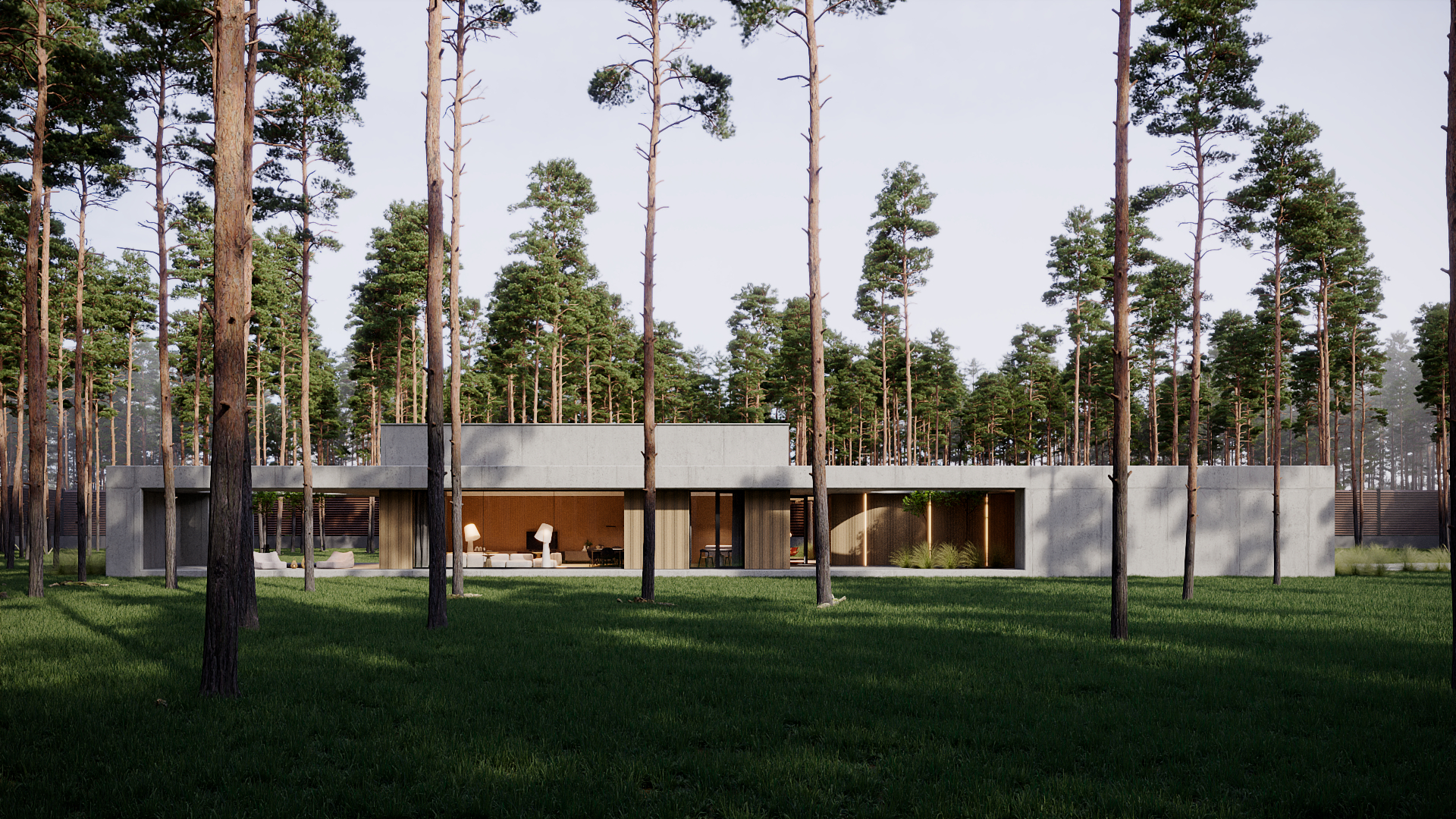 Modern minimalist Concrete House made of raw concrete and wood in a forest, 3D architectural visualization by WhiteLakeViz
