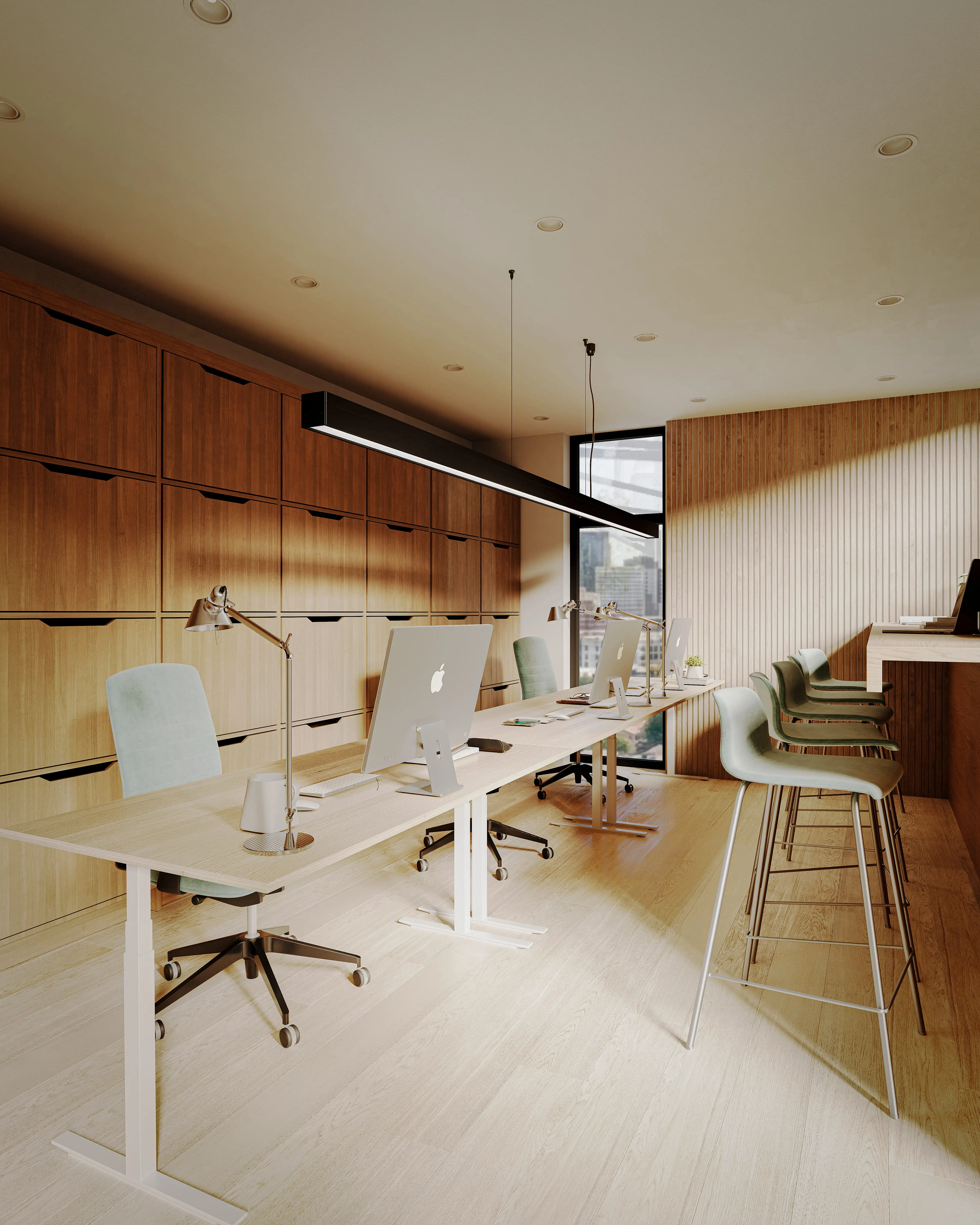 A study in calm productivity through the lens of warm minimalism. This visualization showcases a modern boutique office interior that prioritizes clean lines, functional layout, and a highly organic material palette to create a soothing work environment.
Materiality & Palette: The design is anchored by an abundance of natural light wood, featured seamlessly across the flooring, the vertical slatted wall panels, and the integrated floor-to-ceiling storage. This warm, cohesive base is perfectly balanced by soft sage-green upholstery, adding a subtle touch of color that breathes tranquility into the workspace.