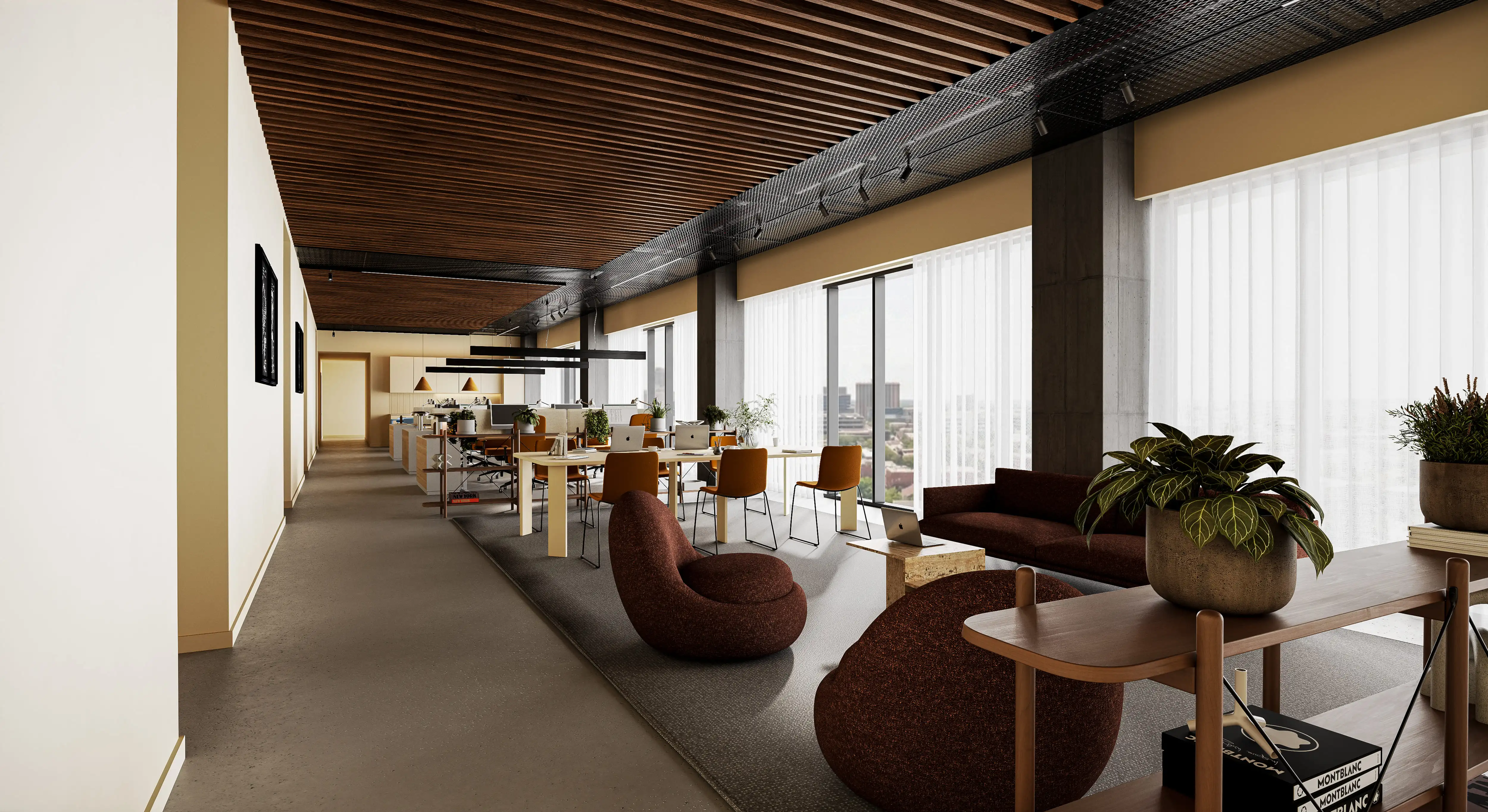 Welcome to Verge Workspaces, a modern co-working and office environment that seamlessly blends rugged industrial aesthetics with warm, inviting textures. This visualization, created with 3ds Max and Corona Renderer, captures a dynamic and sophisticated space designed to foster focus, collaboration, and comfort for today’s professionals.